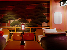 【歌舞伎ルーム‐松の間】枕元には、オリジナル書き下ろしの舞台背景が。 (C) SHOCHIKU
